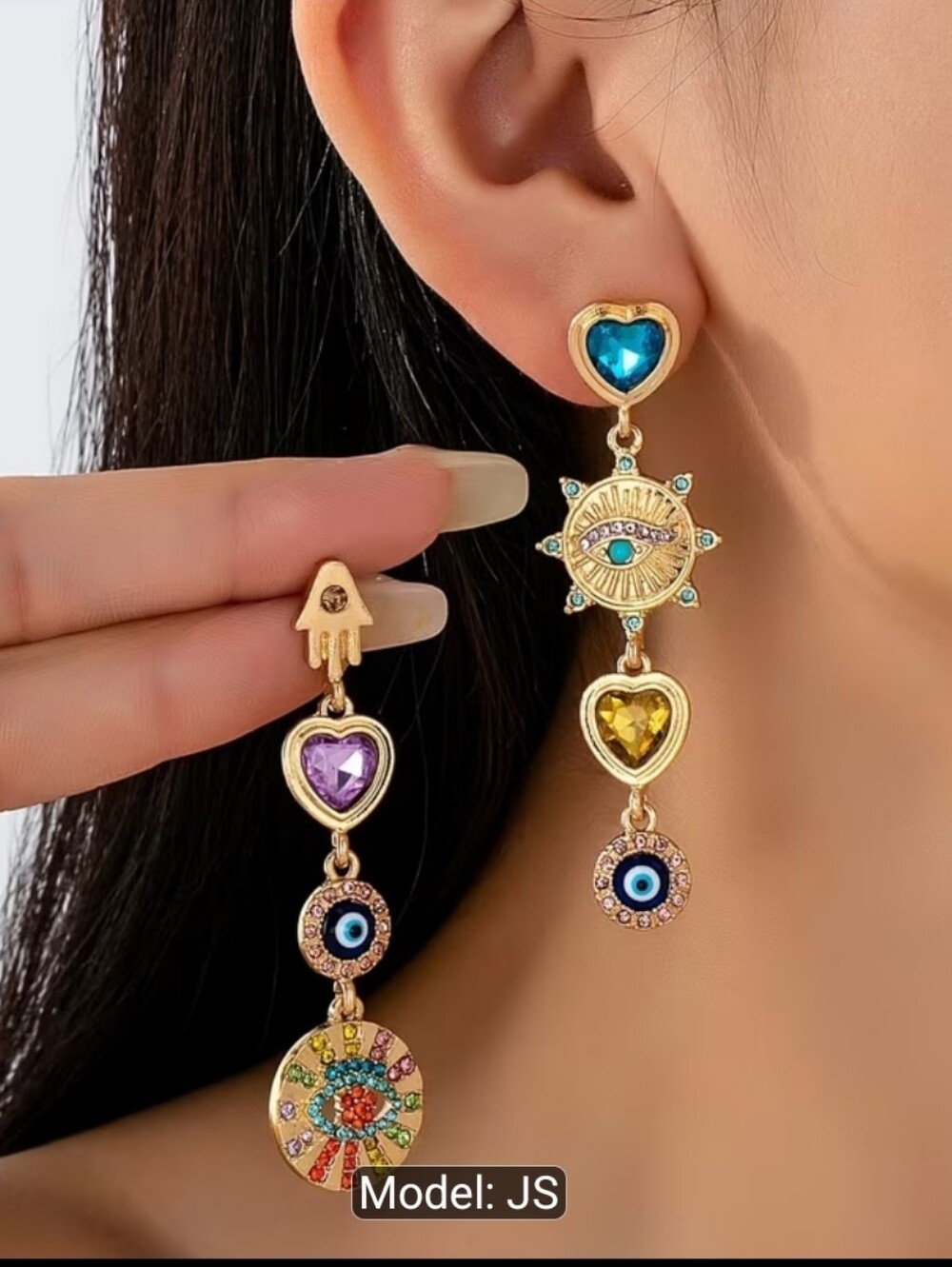 Gold-Tone Heart & Evil Eye Drop Earrings with Multicolor Stones - Picture 3 of 3